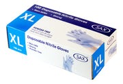 A box of SAX brand XL disposable nitrile gloves, 100 pieces, shown at a three-quarter angle on a white background.
