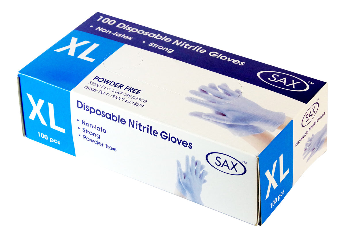 A box of SAX brand XL disposable nitrile gloves, 100 pieces, shown at a three-quarter angle on a white background.