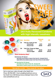 Promo - Bulk 144 Box Sax Fruity Flavoured Condoms Strawberry Orange Lemon Apple Regular 53mm nominal width - 5 Box Intro Deal