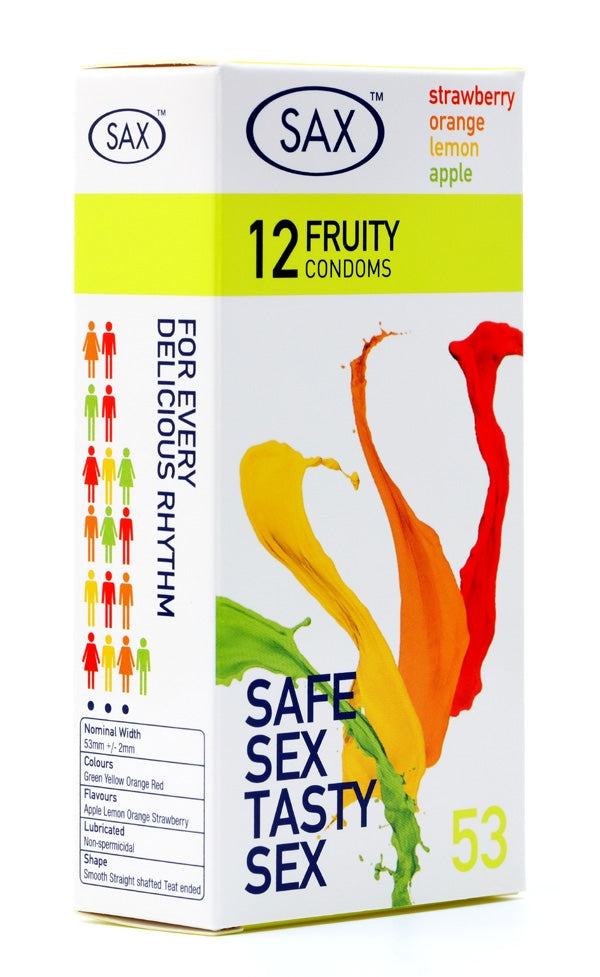 Sax Fruity Flavoured Condoms - Bulk Promo Buy - 60 Packs of 12 - Strawberry Orange Lemon Apple