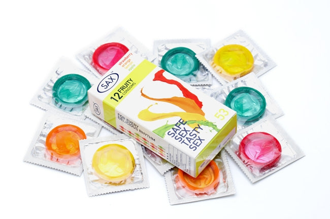 Sax Fruity Flavoured Condoms - Display Box of 6 Packs of 12 condoms - Strawberry Orange Lemon Apple