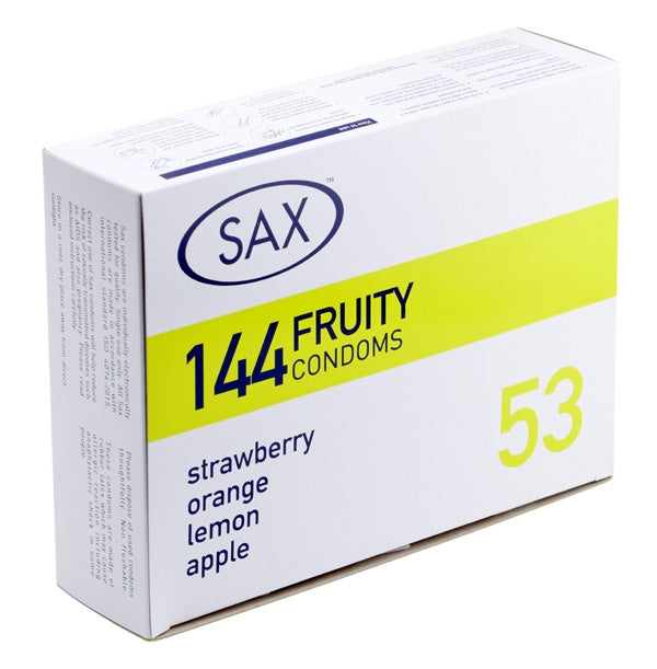 Promo - Bulk 144 Box Sax Fruity Flavoured Condoms Strawberry Orange Lemon Apple Regular 53mm nominal width - 5 Box Intro Deal